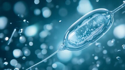 Leinwandbilder - A clear glass vial filled with blue liquid, with a long tube extending from it, is suspended in mid-air. The vial is surrounded by a blurry background of blue and white bokeh.