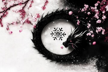 Canvas Print - Black Dragon and Cherry Blossoms in a Yin Yang Circle