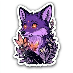 Sticker - Mystical Purple Fox with Glowing Eyes and Leaves