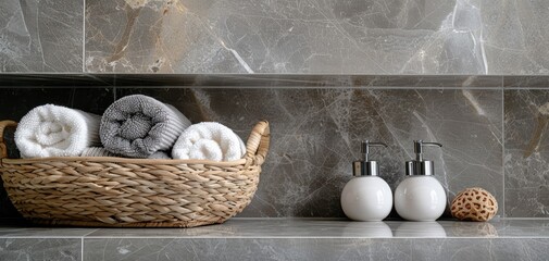 Poster - Stylish bathroom decor featuring rolled towels in a basket with modern soap dispensers on a marble countertop.