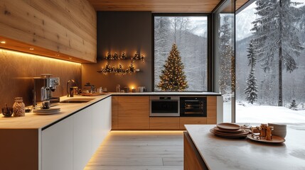 Poster - A kitchen with a Christmas tree in the background
