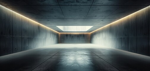 Poster - A modern, minimalistic interior featuring concrete walls and ambient lighting, creating a serene and spacious atmosphere.