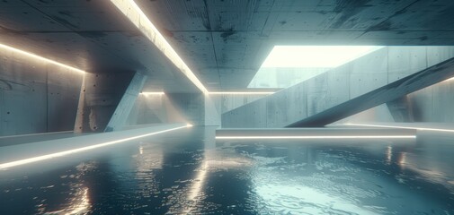 Fototapete - Futuristic interior design featuring sleek concrete surfaces and reflective water under artificial lighting.