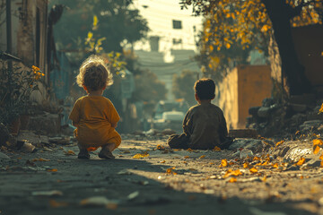 Sticker - A child in clean, bright clothes skips joyfully past another child in ragged clothes sitting quietly by the roadside.