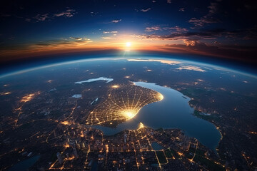 Wall Mural - Futuristic city aerial view at night. Structure of sci-fi metropolis with neon lights from the bird view. Generated AI
