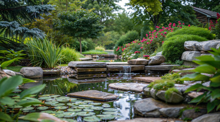 Serene garden pond with waterfall, lush greenery, and colorful flowers