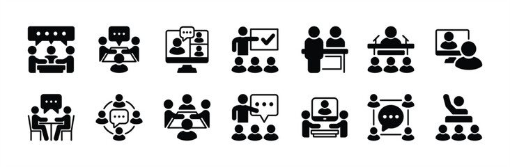 Business meeting flat icon vector set. Containing teamwork, conference, workplace, seminar, teaching, classroom, interview, discussion, forum, presentation, online video, discourse, group talk