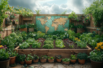 Wall Mural - a backyard filled with vegetable gardens under a sky where a faint world map appears in the clouds, 