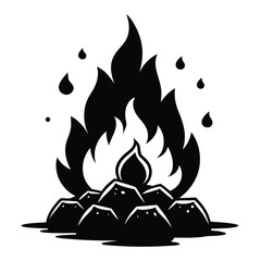 A black and white drawing of a fire with a pile of rocks on the background