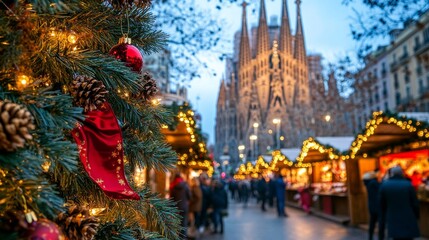 spectacular christmas market with festive lights and colorful stalls in front of the sagrada familia