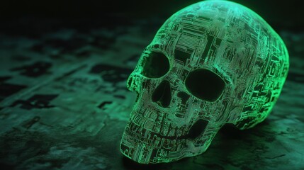 Poster - High-tech skull illuminated by neon green circuitry.