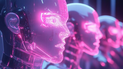 Wall Mural - Close up of a glowing robotic head with pink neon lights and blurred background.