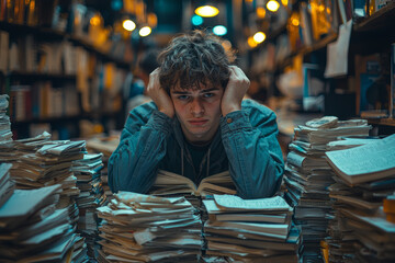 Wall Mural - A young adult overwhelmed with stacks of work, visibly stressed and anxious. Concept of stress.