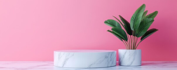 A stylish display with a marble stand and a green plant against a vibrant pink background, perfect for modern decor