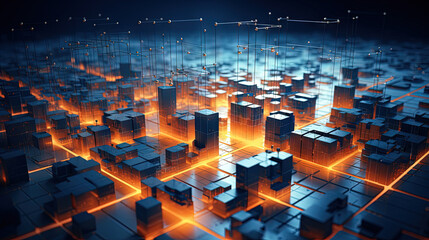 Poster - Concept of a digital city with cloud connections. Futuristic network in the clouds