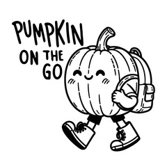 Sticker - cute pumpkin on the go with a backpack retro doodle sketch