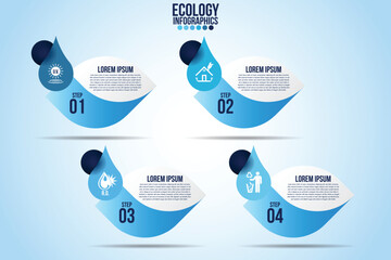 Wall Mural - infographic eco water blue design elements process 4 steps or options parts with drop of water. ecol