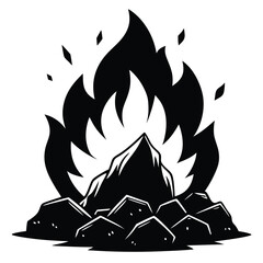 A black and white drawing of a fire with a pile of rocks on the background