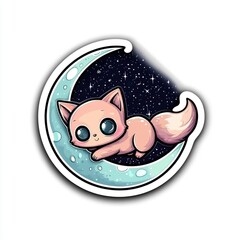 Poster - Cute Kitten Sleeping on the Moon with Stars