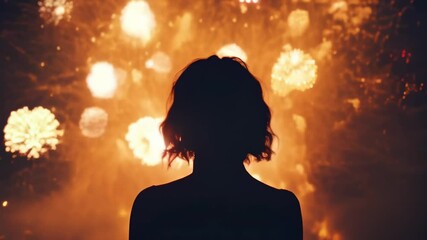 Poster - Silhouette of woman enjoying festive fireworks show under night sky, adding magic to event. Bright sparks light up background, capturing essence of celebrations