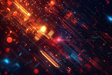 Poster - A vibrant digital landscape showcases the dynamic interplay of light and technology in an abstract design with glowing elements. Generative AI