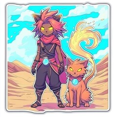 Sticker - A Young Wizard and Their Fire Cat Companion