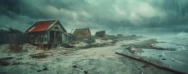 Destroyed beach huts and debris-strewn sand under a rain-lashed sky as Hurricane Helene tears through the coast, vintage style, soft pastels, watercolor technique, melancholic tone