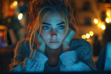 Poster - a person staring blankly at a computer screen, mentally checked out due to burnout. concept of exhau