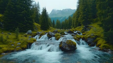 Wild mountain river with rushing water flowing over boulders and steep hillsides