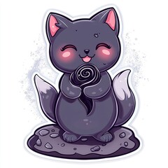 Poster - Cute Cartoon Cat Holding Black Rose