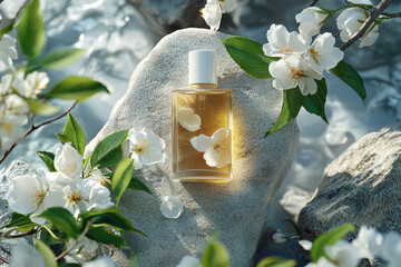 Wall Mural - A bottle of cleansing oil is elegantly placed on smooth stone, surrounded by delicate white flowers and lush green leaves, creating serene and refreshing atmosphere