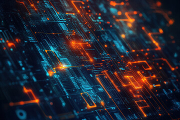 Poster - Exploring the mesmerizing patterns of digital circuits with glowing orange highlights in an intricate blue network at night. Generative AI