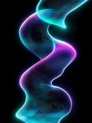 Sticker - Colorful abstract wave design with neon light effects on a black background. A minimalist poster in metallic and chrome gradient style.