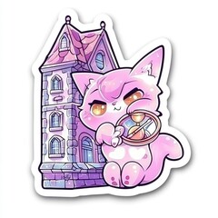 Poster - Cute Cartoon Cat Holding a Compass in Front of a Tower