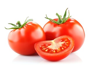 Tomato vegetables isolated on white background. Natural, organic and fresh whole tomatoes. Delicious and healthy ingredient for salads and seasonal food