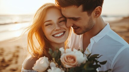 Photograph of a couple in love: a young man with short hair and a woman with ginger hair, holding flowers on the beach, wearing white , in a happy, romantic mood