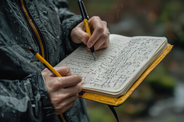 Poster - A person holding a journal, writing down their thoughts as a form of mental relief. Concept of journaling.