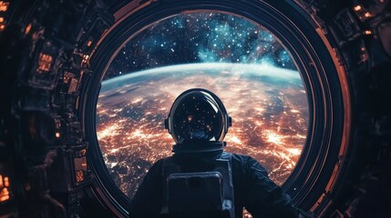 Wall Mural - An astronaut looks at the Earth from inside a space station, with a view through a round window of the planet Earth, including the lights of cities, the night sky, outer space, and stars.