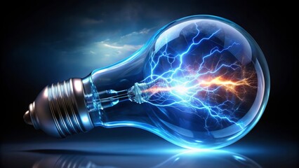 Blue light bulb and lighting strike, bright static electricity energy and power. Danger spark shock, glowing thunder bolt flash, illuminated, innovation, technology