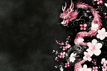 Poster - Pink Dragon and Cherry Blossom on Black Background