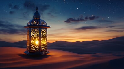 A traditional lantern glowing in the desert under a starry night sky.