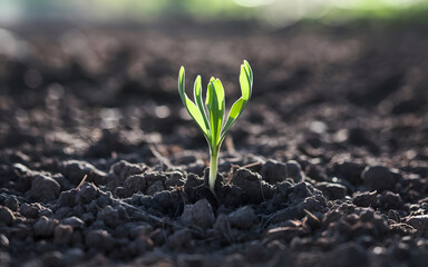 New Beginnings: A single, delicate sprout emerges from rich, fertile soil, symbolizing growth, resilience, and the promise of a bright future.  