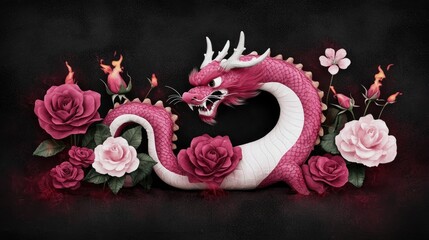 Wall Mural - Pink Dragon with Flowers