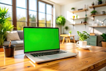 Laptop with Green Screen in Bright Home Office Perfect for Custom Content with Rotating Camera View