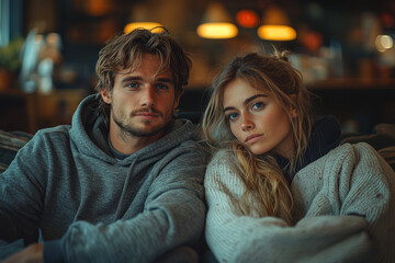 Poster - A man and woman sitting on opposite ends of a couch, both looking away after an argument. Concept of relationship tension.