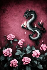 Poster - Dragon and Roses Fantasy Art