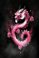 Wall Mural - Pink Dragon with Flowers on Black Background