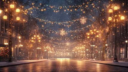 Snow-covered street illuminated by Christmas lights and holiday decorations at night