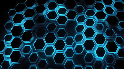 Poster - Cybernetic Hexagon Matrix: Abstract dark background with glowing blue neon hexagons, creating a futuristic and technological pattern.  Perfect for tech, sci-fi, or gaming projects. 