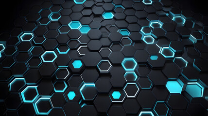 Poster - abstract hexagon technology: glowing cyan hexagons on dark background
